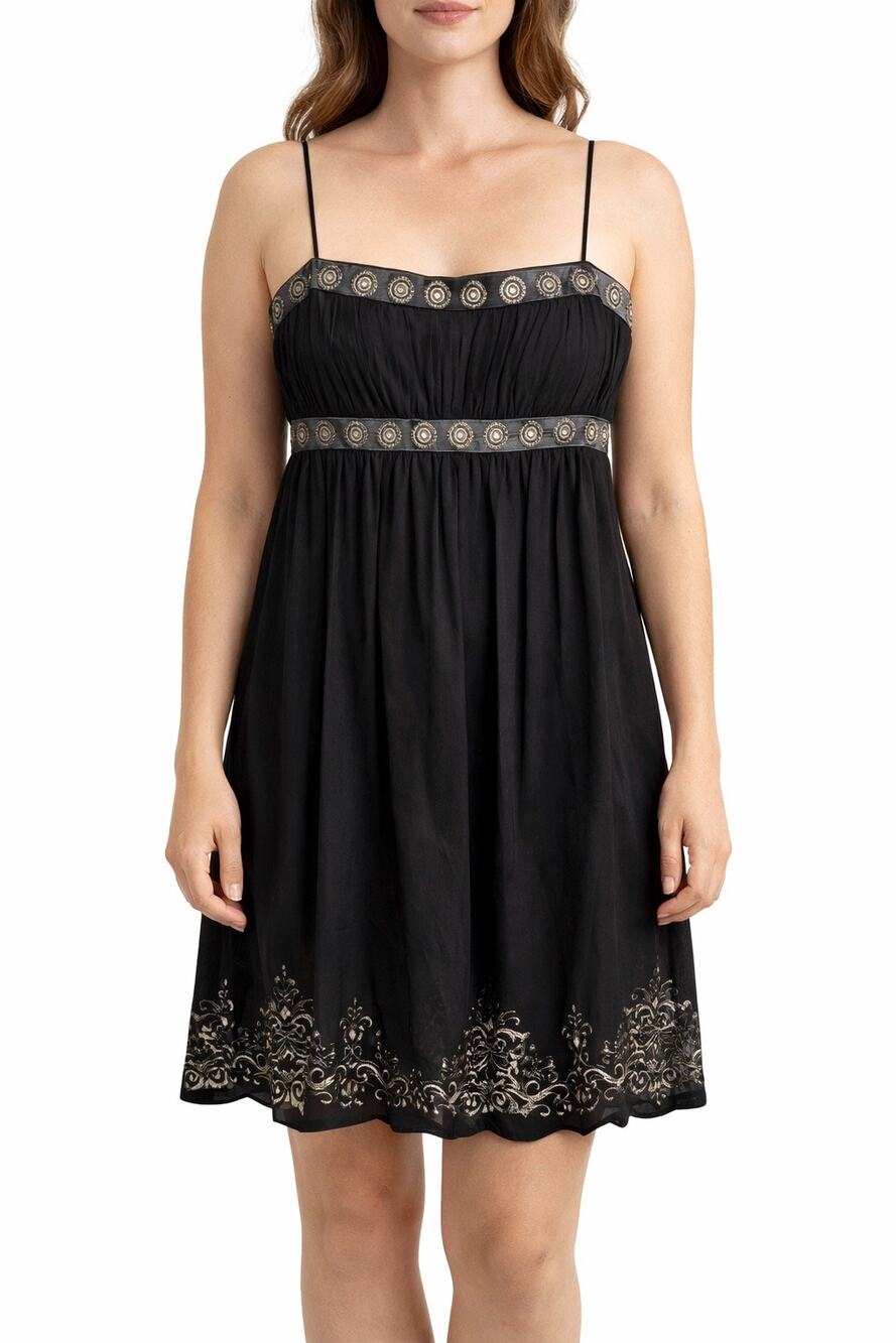 VTG Y2K Maggy London 14 Black Silk Thin Strap Babydoll Embroidered Sequin Dress